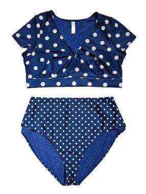 Peek & Beau Retro Polka Dots Short Sleeve High Waist 2-PC Bikini Navy & White